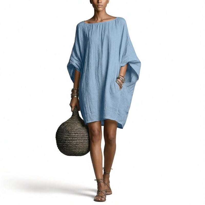 Women's Retro Long Sleeve Off-Shoulder Midi Dress Casual Cotton Linen Dress - Image 1
