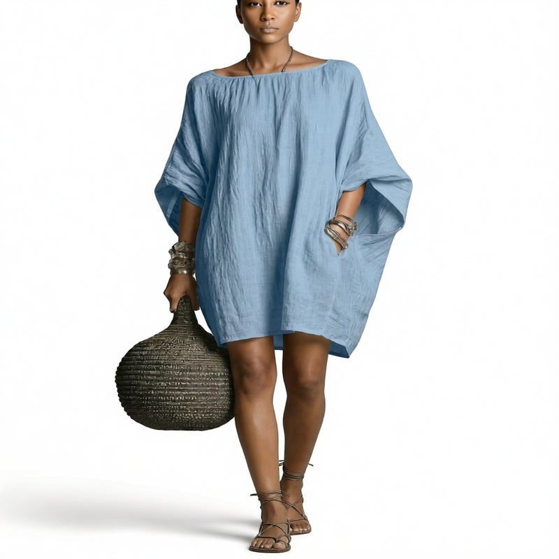 Women's Retro Long Sleeve Off-Shoulder Midi Dress Casual Cotton Linen Dress - Image 5