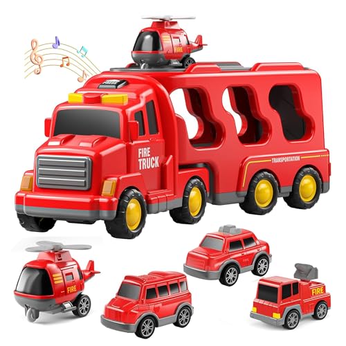 Kidology 5-in-1 Friction-Powered Fire Truck Toy Set with Music – Montessori Educational Transport Carrier Vehicle Toy for Boys & Girls, Fun Birthday Gift for Kids Ages 3+ - Image 1