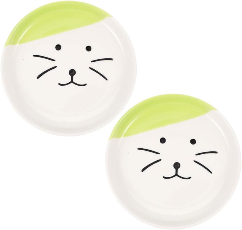 SHOWERORO 2pcs Shallow Cat Food Dish Set Ceramic Raised Feeding Plates Large Diameter Green Cat Face Design for Indoor - Image 1