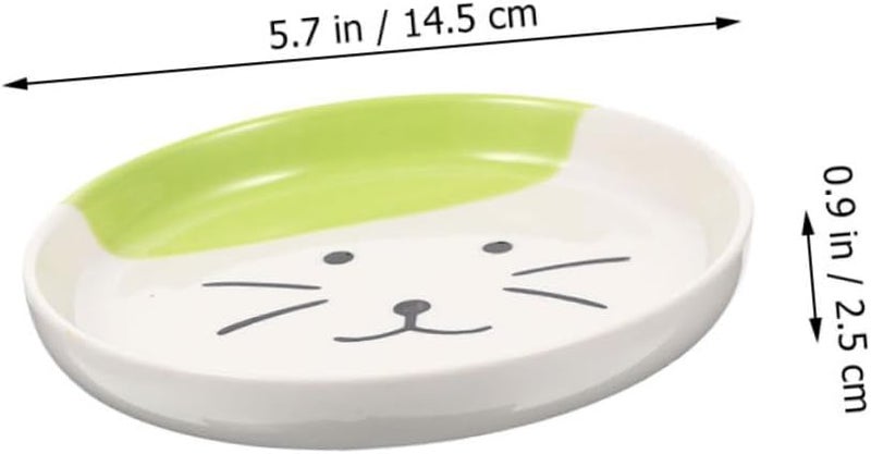 SHOWERORO 2pcs Shallow Cat Food Dish Set Ceramic Raised Feeding Plates Large Diameter Green Cat Face Design for Indoor - Image 2