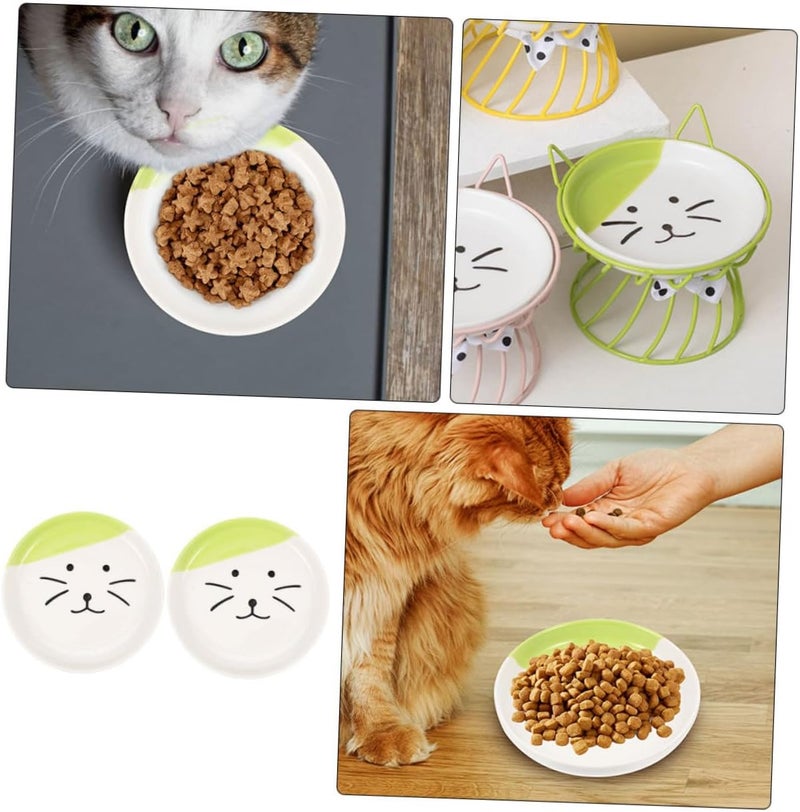 SHOWERORO 2pcs Shallow Cat Food Dish Set Ceramic Raised Feeding Plates Large Diameter Green Cat Face Design for Indoor - Image 3
