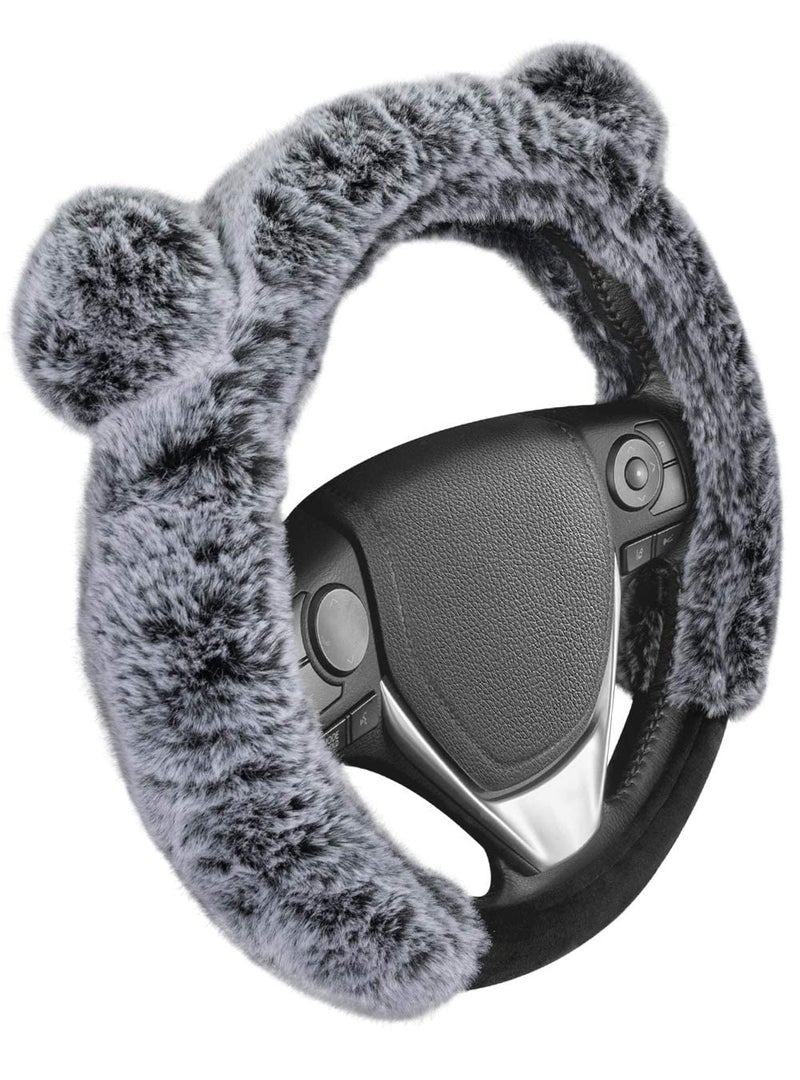 BDK Bear Fur Plush Steering Wheel Cover - Cute Faux Wool Protector for Women Girls Fits Wheels 14.5-15 inch Gray - with Ears - Image 1