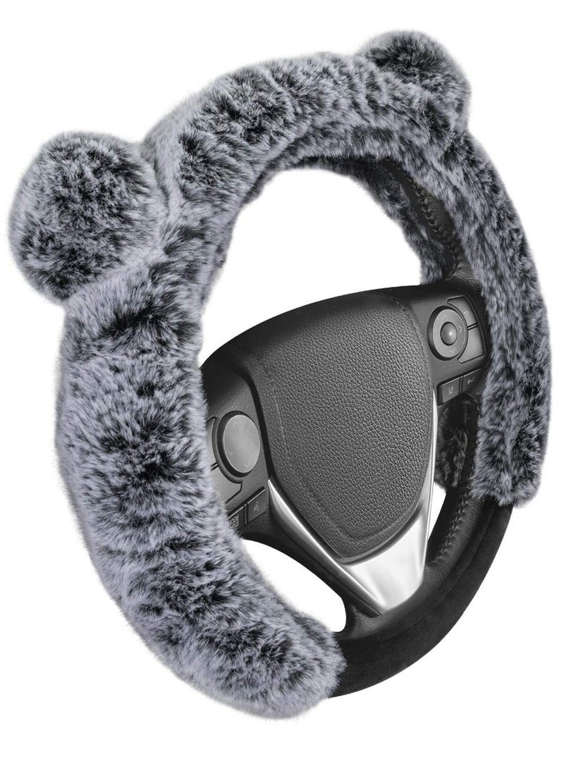BDK Bear Fur Plush Steering Wheel Cover - Cute Faux Wool Protector for Women Girls Fits Wheels 14.5-15 inch Gray - with Ears - Image 2