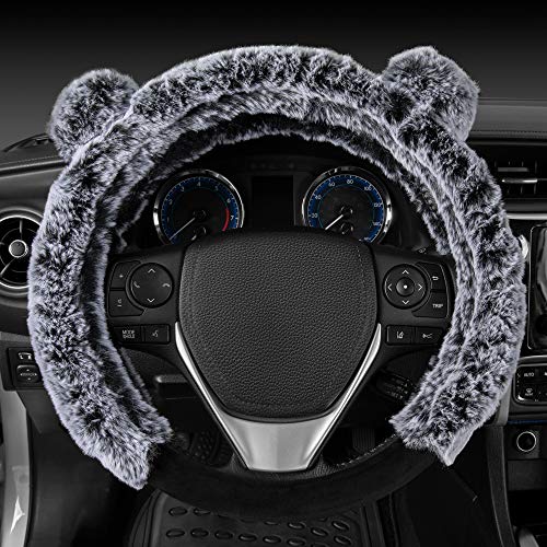 BDK Bear Fur Plush Steering Wheel Cover - Cute Faux Wool Protector for Women Girls Fits Wheels 14.5-15 inch Gray - with Ears - Image 4