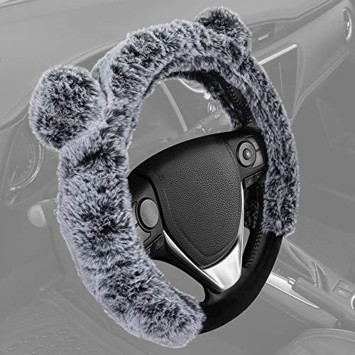 BDK Bear Fur Plush Steering Wheel Cover - Cute Faux Wool Protector for Women Girls Fits Wheels 14.5-15 inch Gray - with Ears - Image 5