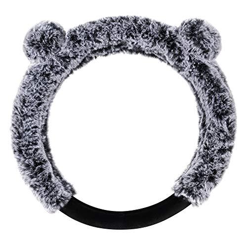 BDK Bear Fur Plush Steering Wheel Cover - Cute Faux Wool Protector for Women Girls Fits Wheels 14.5-15 inch Gray - with Ears - Image 3