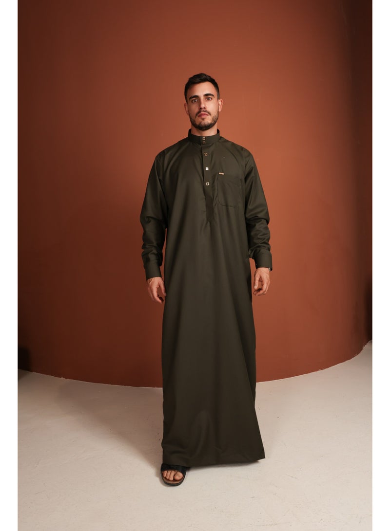 Yigo by Mariam Qamis Rachid – Men’s Long Qamis in Dark Olive Green | Mens Thobes | Mens Kandora  - Image 3