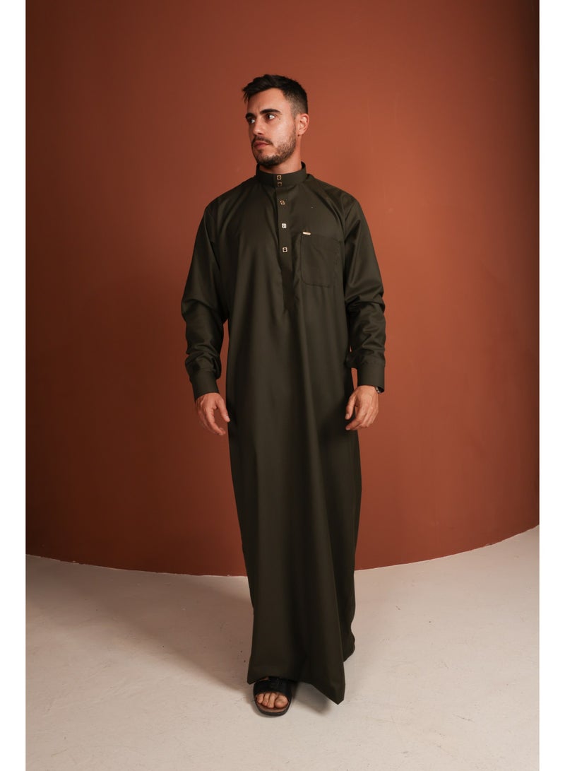 Yigo by Mariam Qamis Rachid – Men’s Long Qamis in Dark Olive Green | Mens Thobes | Mens Kandora  - Image 1