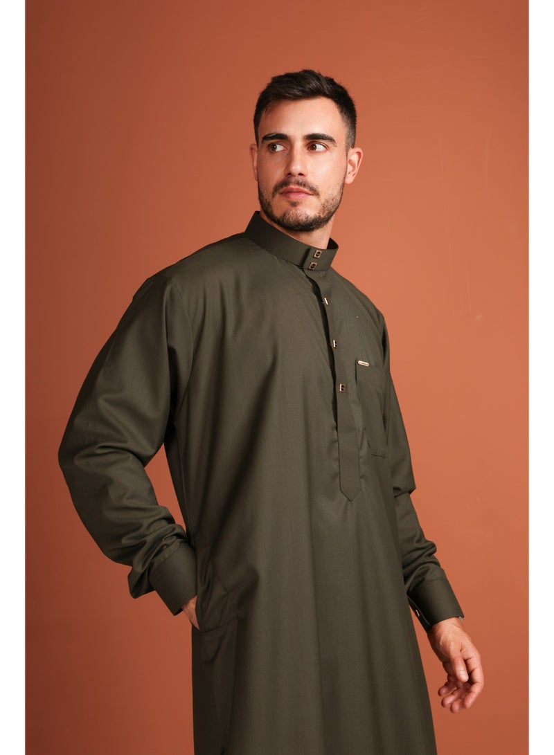 Yigo by Mariam Qamis Rachid – Men’s Long Qamis in Dark Olive Green | Mens Thobes | Mens Kandora  - Image 5