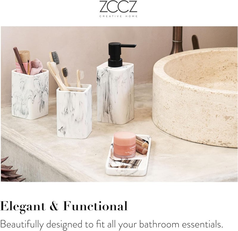 ZCCZ Bathroom Accessory Sets, 4 Pieces Bathroom Accessories Complete Set Vanity Countertop Accessory Set with Marble Look, Includes Lotion Dispenser Soap Pump, Tumbler, Toothbrush Holder and Tray - Image 2