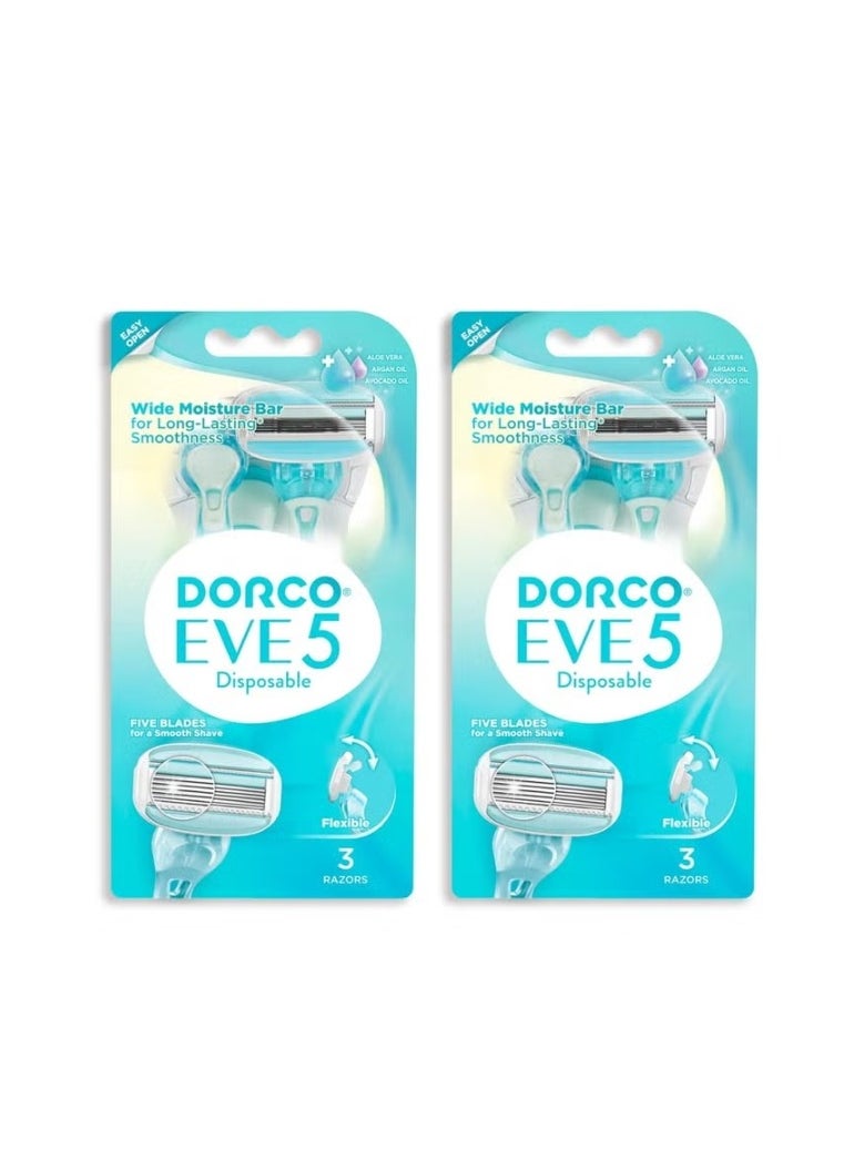 DORCO EVE 5 Women's Disposable Razors Smooth Touch | Wide moisture bar, 5 Blades for smooth shave | Multipurpose Hair Remover | 2 pack (6counts) 