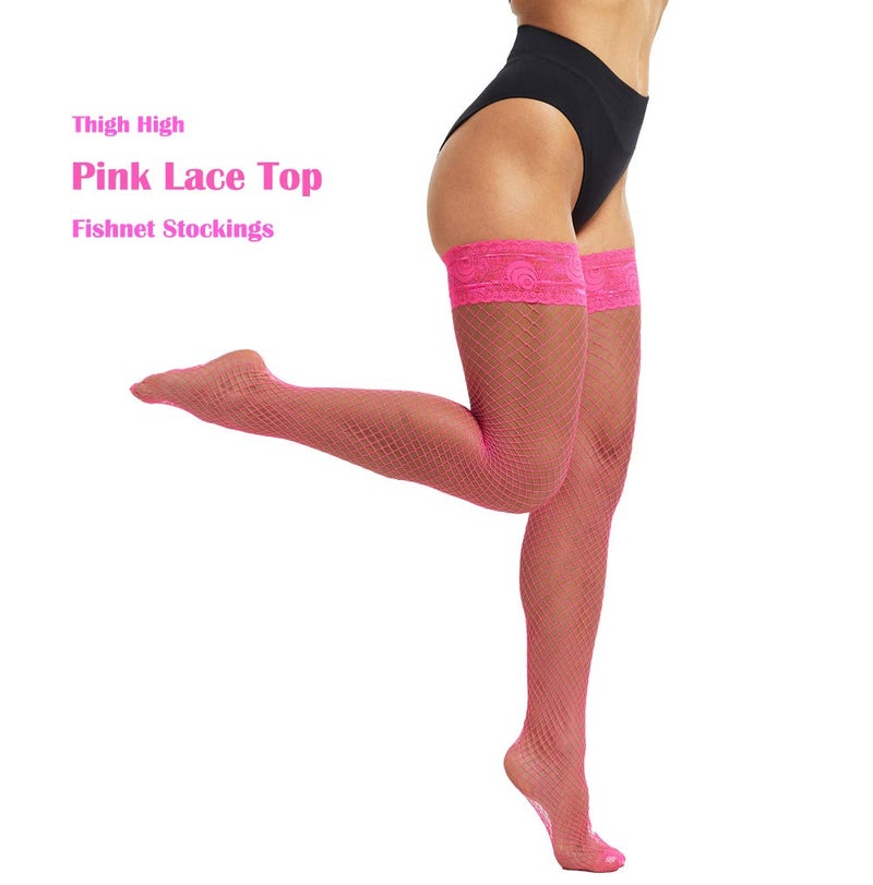 JarseHera Fishnets Thigh High stockings Silicone Lace Top Stay Up Sheer Nylon Hosiery (1 Pair,Pink, Large/X-Large) - Image 2