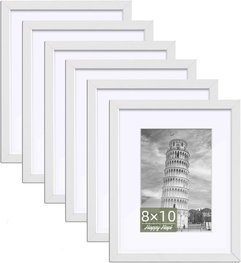 HappyHapi 8x10 Picture Frame Set of 6, 8x10 White Picture Frame Display Pictures 5x7 with Mat or 8x10 Without Mat. Wall Hanging Photo Frame or Tabletop Display Gallery Frame (White) - Image 1