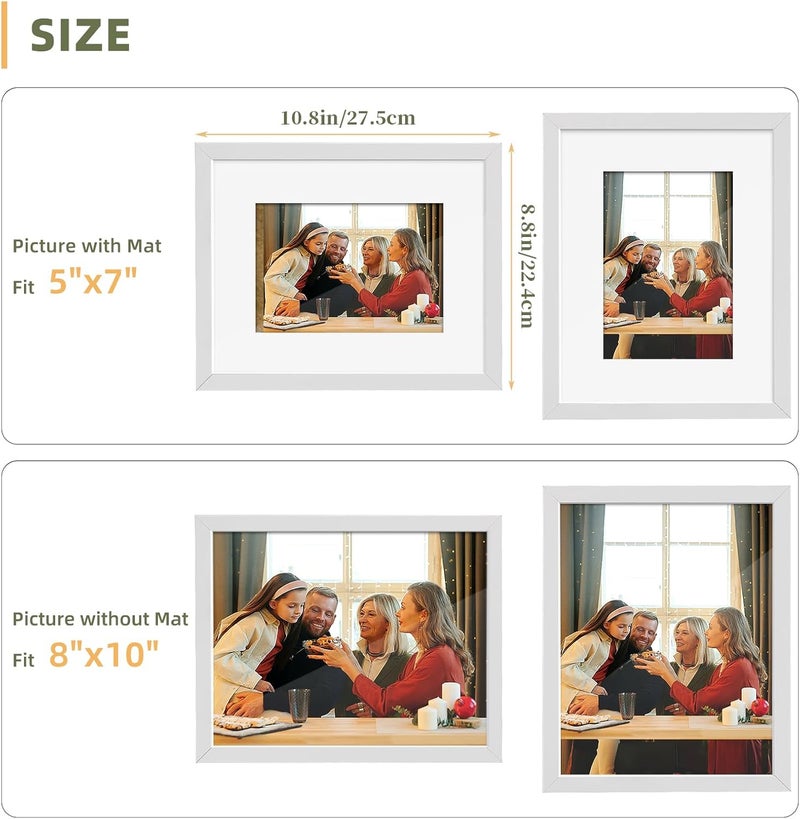 HappyHapi 8x10 Picture Frame Set of 6, 8x10 White Picture Frame Display Pictures 5x7 with Mat or 8x10 Without Mat. Wall Hanging Photo Frame or Tabletop Display Gallery Frame (White) - Image 4