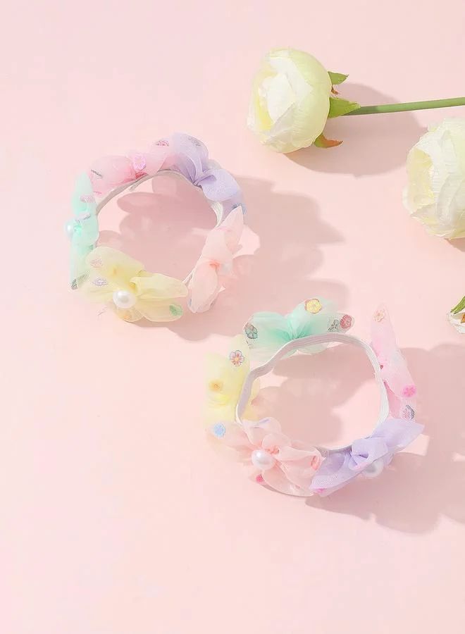 Pack of 2 - Girls Multi-Color Pearls Embellished Floral Hair Tie