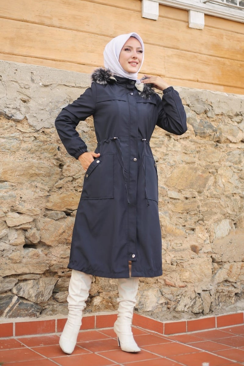 Vibeys Collection Navy Blue Fur Lined and Waterproof Women's Winter Coat & Jacket  - Image 1
