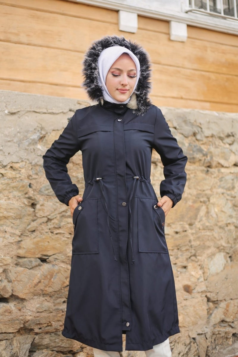 Vibeys Collection Navy Blue Fur Lined and Waterproof Women's Winter Coat & Jacket  - Image 2