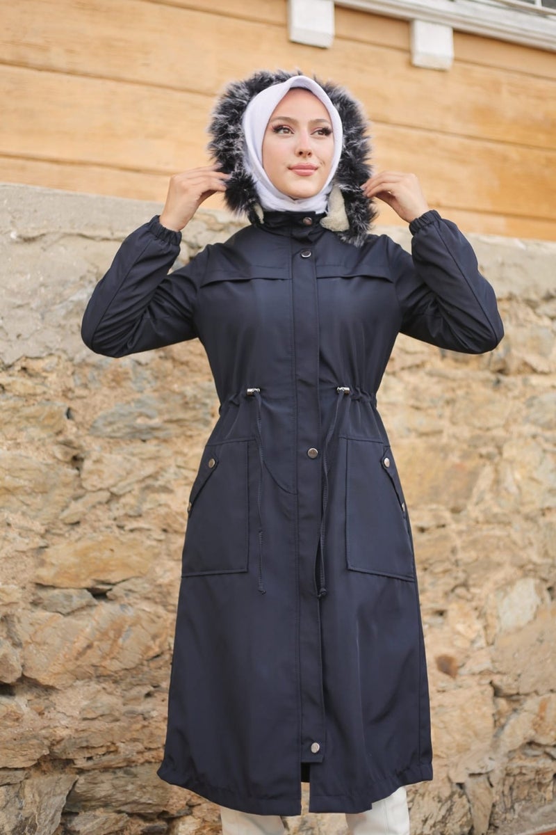 Vibeys Collection Navy Blue Fur Lined and Waterproof Women's Winter Coat & Jacket  - Image 3