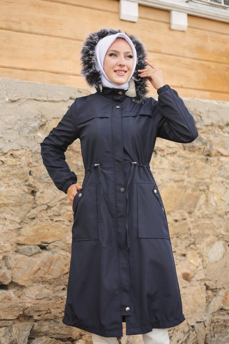 Vibeys Collection Navy Blue Fur Lined and Waterproof Women's Winter Coat & Jacket  - Image 4
