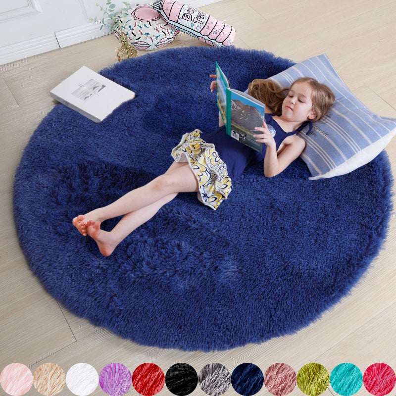 Navy Blue Round Rug 4Ft for Boys Room Bedroom Washable Circle Area Rugs for Kids Room Living Room Decor Aesthetic Fluffy Shag Fur Throw Royal Dark Blue Carpet for Preppy Dorm Playroom Baby Nursery