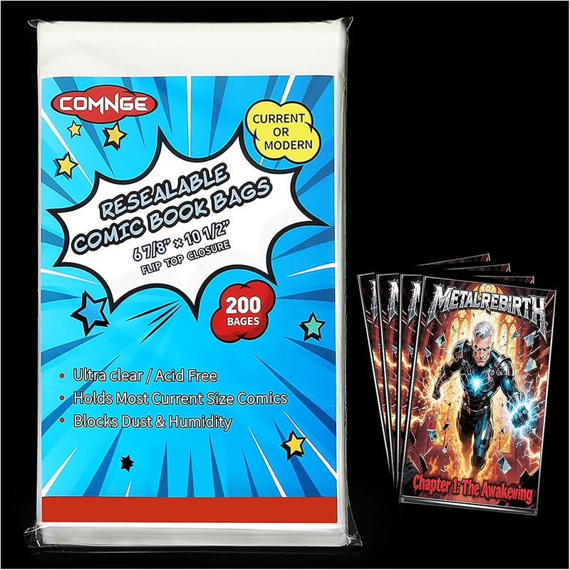 Comnge 200ct Resealable Current Comic Bags - Acid-Free & Crystal Clear Comic Sleeves 6-7/8" x 10-1/2", Protect, Storage and Display Standard-Sized Modern Comics Collections - Image 1