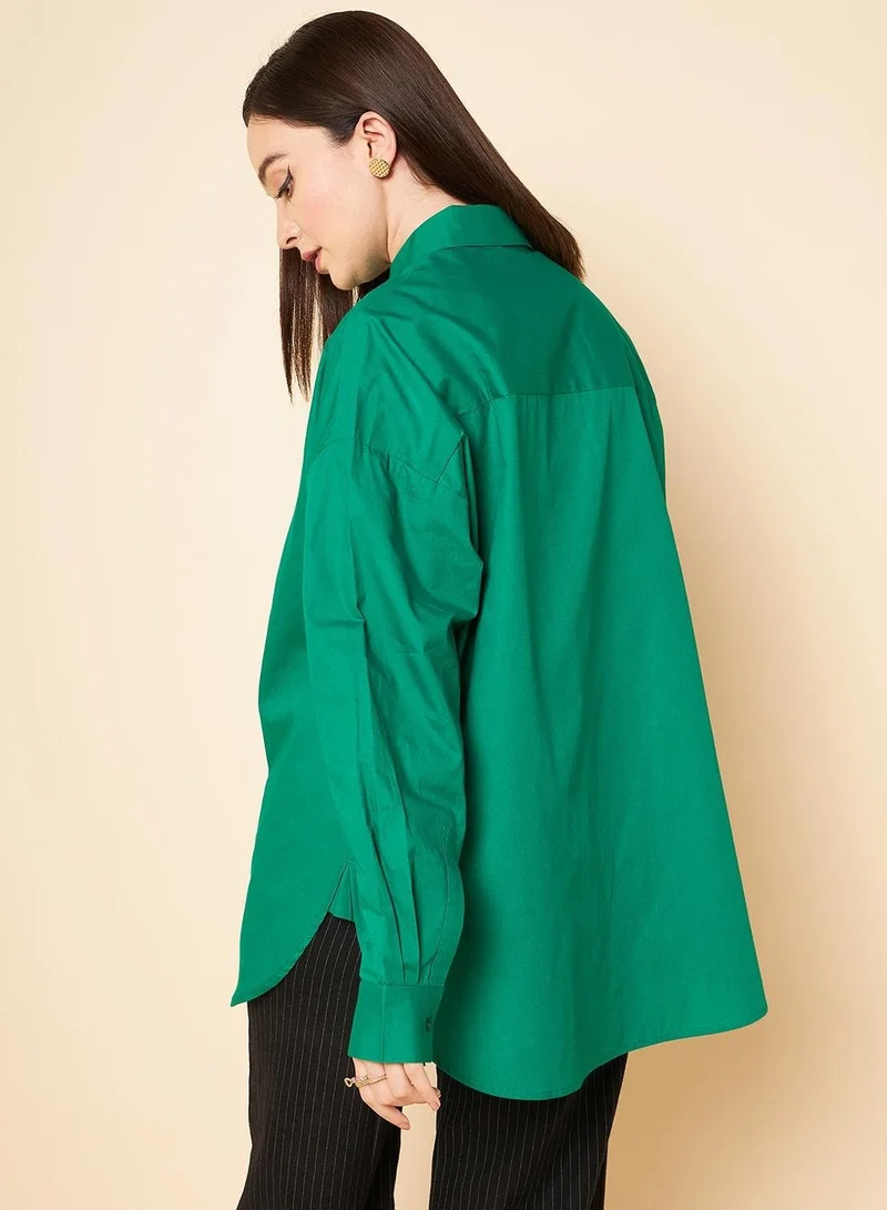 HIGH STAR Oversized Green Cotton Shirt for Women, Solid Pattern, Spread Collar
