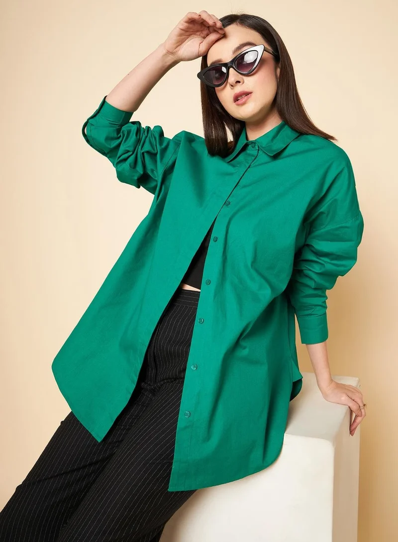 HIGH STAR Oversized Green Cotton Shirt for Women, Solid Pattern, Spread Collar