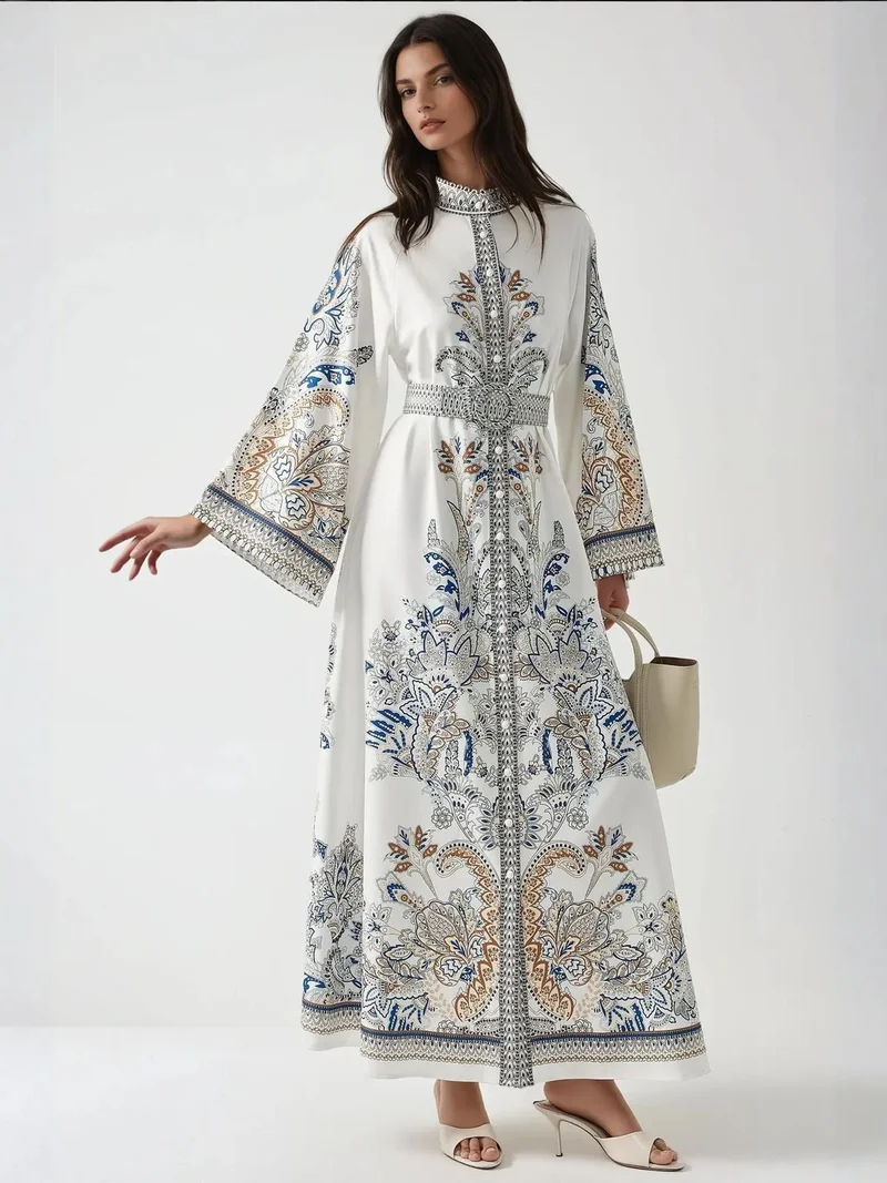 HICCUP Printed Crew Neck Maxi Dress with Belt