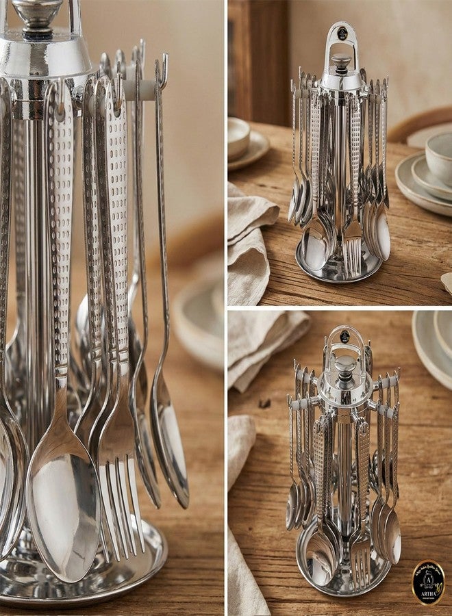 Artha Cutlery Set -24+1 Pcs Spoon Set with Plastic Stand Include 6 Tea Spoon, 6 Fork,6 Dessert Spoon and 6 Soup Spoons Peridot (Hammer) Desing - Image 3