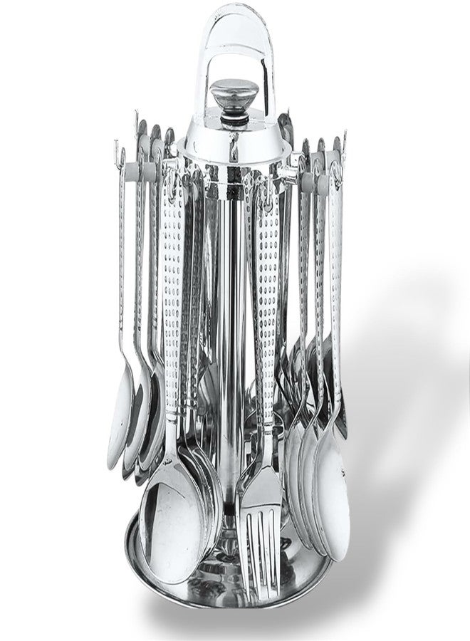 Artha Cutlery Set -24+1 Pcs Spoon Set with Plastic Stand Include 6 Tea Spoon, 6 Fork,6 Dessert Spoon and 6 Soup Spoons Peridot (Hammer) Desing - Image 1