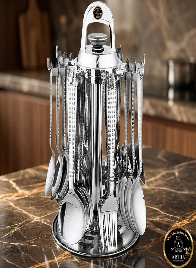 Artha Cutlery Set -24+1 Pcs Spoon Set with Plastic Stand Include 6 Tea Spoon, 6 Fork,6 Dessert Spoon and 6 Soup Spoons Peridot (Hammer) Desing - Image 2