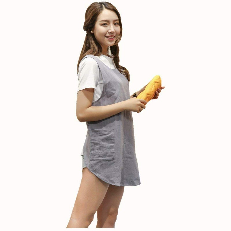 KKTOCHVC Shortened Design Apron  Japanese Style Soft Cotton Linen Apron with Two Side Pockets  X Cross Halter Apron  Kitchen Cooking Clothes G/i/ft for Women DIY Project  Crafting  Cooking  Baking(Light Gray) - Image 2