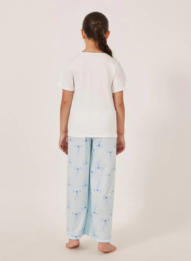 Styli Bow Print Short Sleeve T-Shirt and Pyjama Set
