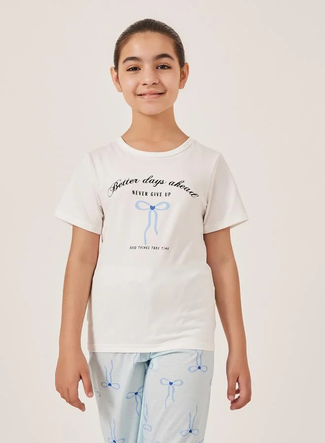 Styli Bow Print Short Sleeve T-Shirt and Pyjama Set
