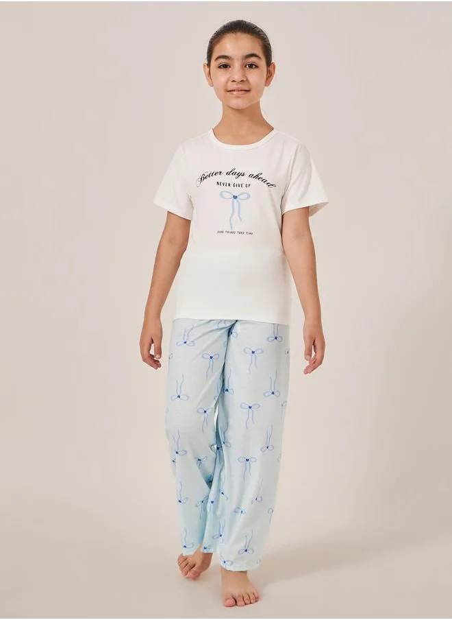 Styli Bow Print Short Sleeve T-Shirt and Pyjama Set