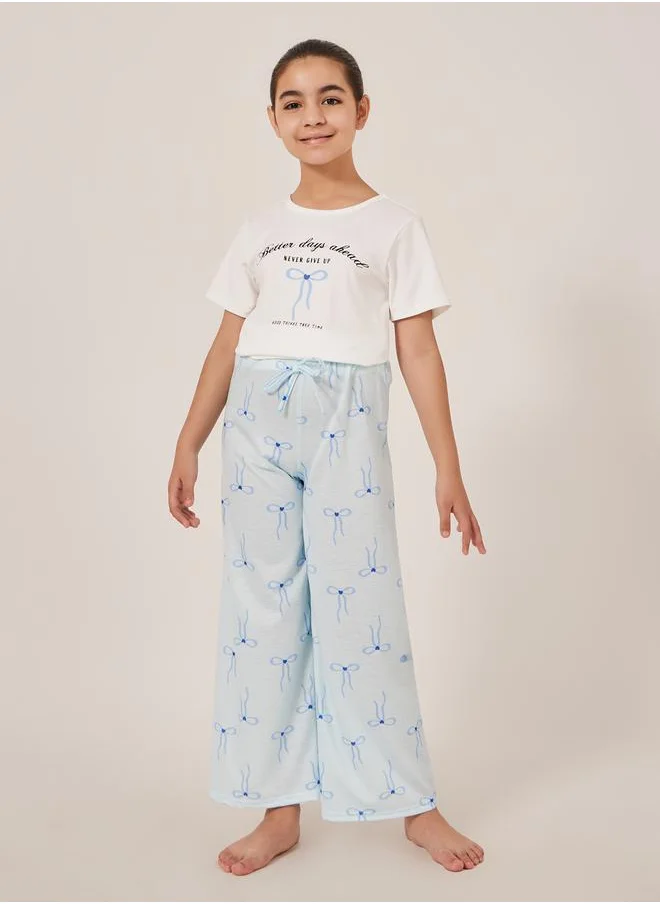 Styli Bow Print Short Sleeve T-Shirt and Pyjama Set