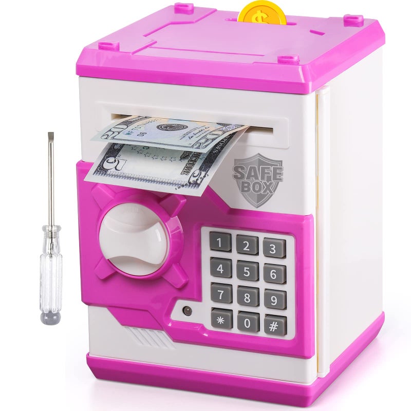 ATM Piggy Bank for Boys Girls Vcertcpl Mini ATM Coin Bank Money Saving Box with Password Kids Safe Money Jar for Adults with Auto Grab Bill Slot Great Gift Toy Bank for Kids Purple White