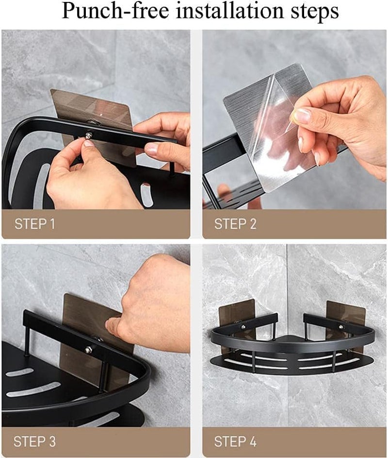 Clyton Pack of 2 Multipurpose Bathroom Corner Shelf No Drill Self-Adhesive Wall Mounted Bathroom Storage Organizer with Magic Stickers Aluminum Shelf Holder/Rack/BathroomAccessories (Pack of 2, Matt Black) - Image 4