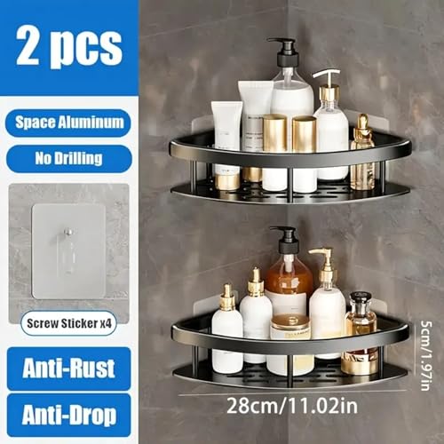 Clyton Pack of 2 Multipurpose Bathroom Corner Shelf No Drill Self-Adhesive Wall Mounted Bathroom Storage Organizer with Magic Stickers Aluminum Shelf Holder/Rack/BathroomAccessories (Pack of 2, Matt Black) - Image 2
