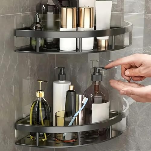 Clyton Pack of 2 Multipurpose Bathroom Corner Shelf No Drill Self-Adhesive Wall Mounted Bathroom Storage Organizer with Magic Stickers Aluminum Shelf Holder/Rack/BathroomAccessories (Pack of 2, Matt Black) - Image 1