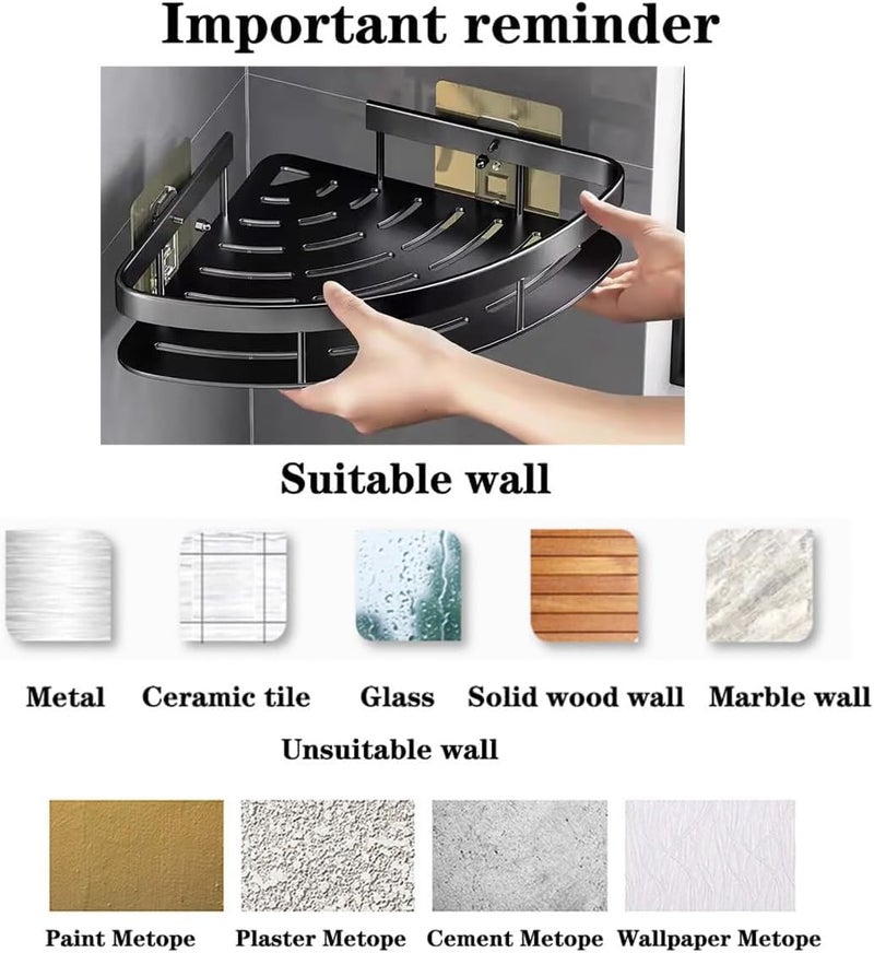 Clyton Pack of 2 Multipurpose Bathroom Corner Shelf No Drill Self-Adhesive Wall Mounted Bathroom Storage Organizer with Magic Stickers Aluminum Shelf Holder/Rack/BathroomAccessories (Pack of 2, Matt Black) - Image 5