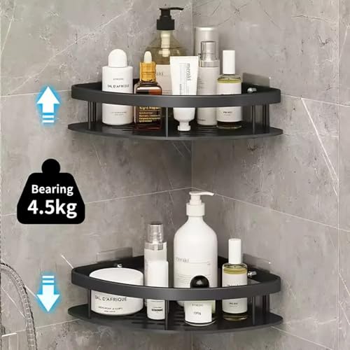 Clyton Pack of 2 Multipurpose Bathroom Corner Shelf No Drill Self-Adhesive Wall Mounted Bathroom Storage Organizer with Magic Stickers Aluminum Shelf Holder/Rack/BathroomAccessories (Pack of 2, Matt Black) - Image 3