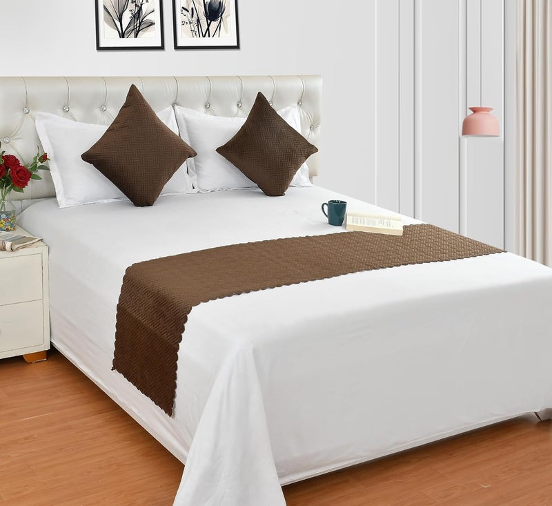 Shri Anand Creations Shri Anand Creations Ultrasonic Quilted Velvet Bed Runner Scarf with Cushion Covers for Double Bed King Size Bed Runner 18x90 Cushion Cover 16x16 Brown 