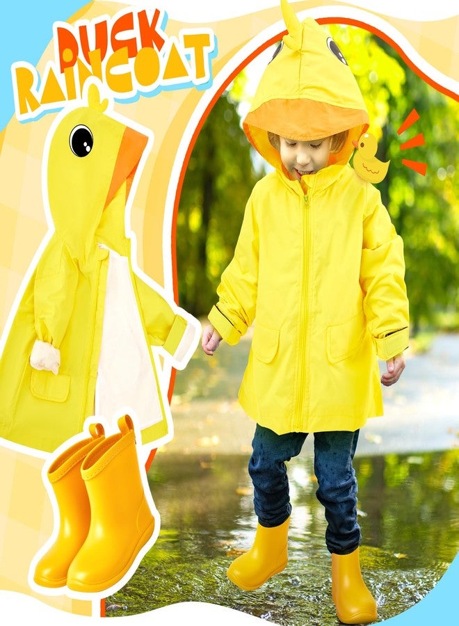 Twistover 2 Pcs Toddler Raincoat Rain Boots Set Kids Baby Cartoon Hoodie Zipper Jacket Short Rain Shoes for Little Boys Girls(2 T,Yellow Duck) - Image 2