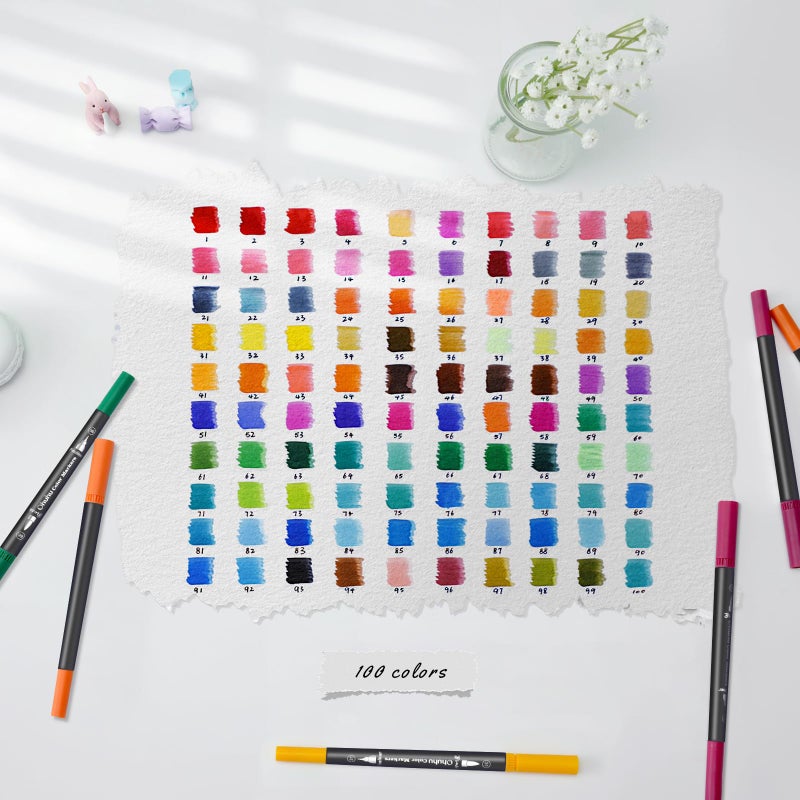 Ohuhu Markers for Adult Coloring Books No Bleeding 100 Colors Coloring Markers Water-based Dual Tips Fineliner & Brush Drawing Pens Art Pens for Kids Adults Sketch Journal - Maui - Black - Image 2