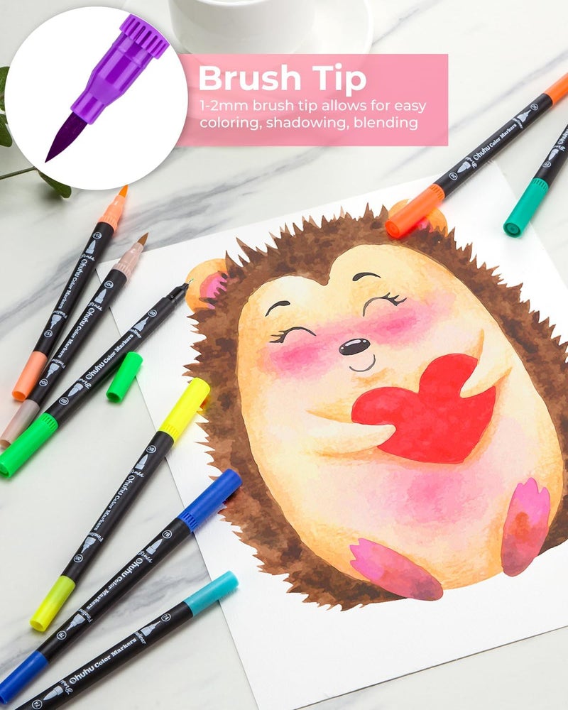 Ohuhu Markers for Adult Coloring Books No Bleeding 100 Colors Coloring Markers Water-based Dual Tips Fineliner & Brush Drawing Pens Art Pens for Kids Adults Sketch Journal - Maui - Black - Image 4