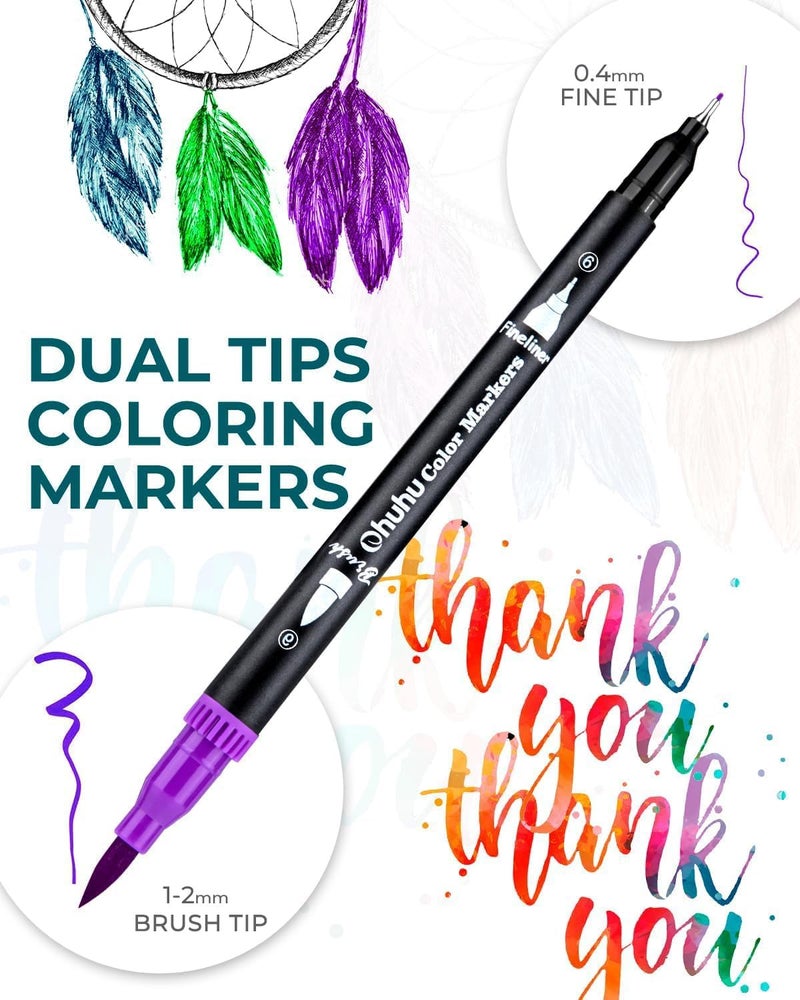 Ohuhu Markers for Adult Coloring Books No Bleeding 100 Colors Coloring Markers Water-based Dual Tips Fineliner & Brush Drawing Pens Art Pens for Kids Adults Sketch Journal - Maui - Black - Image 3