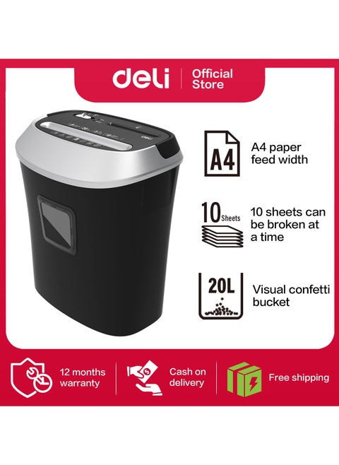 Deli E9948 Paper Shredder, 10-Sheet Capacity, 5-Min Continuous Run Time, 20L Bin, 5×38mm Cross-Cut, Noise ≤80dB, Shreds CDs, Credit Cards, Paper Clips & Staples, Black