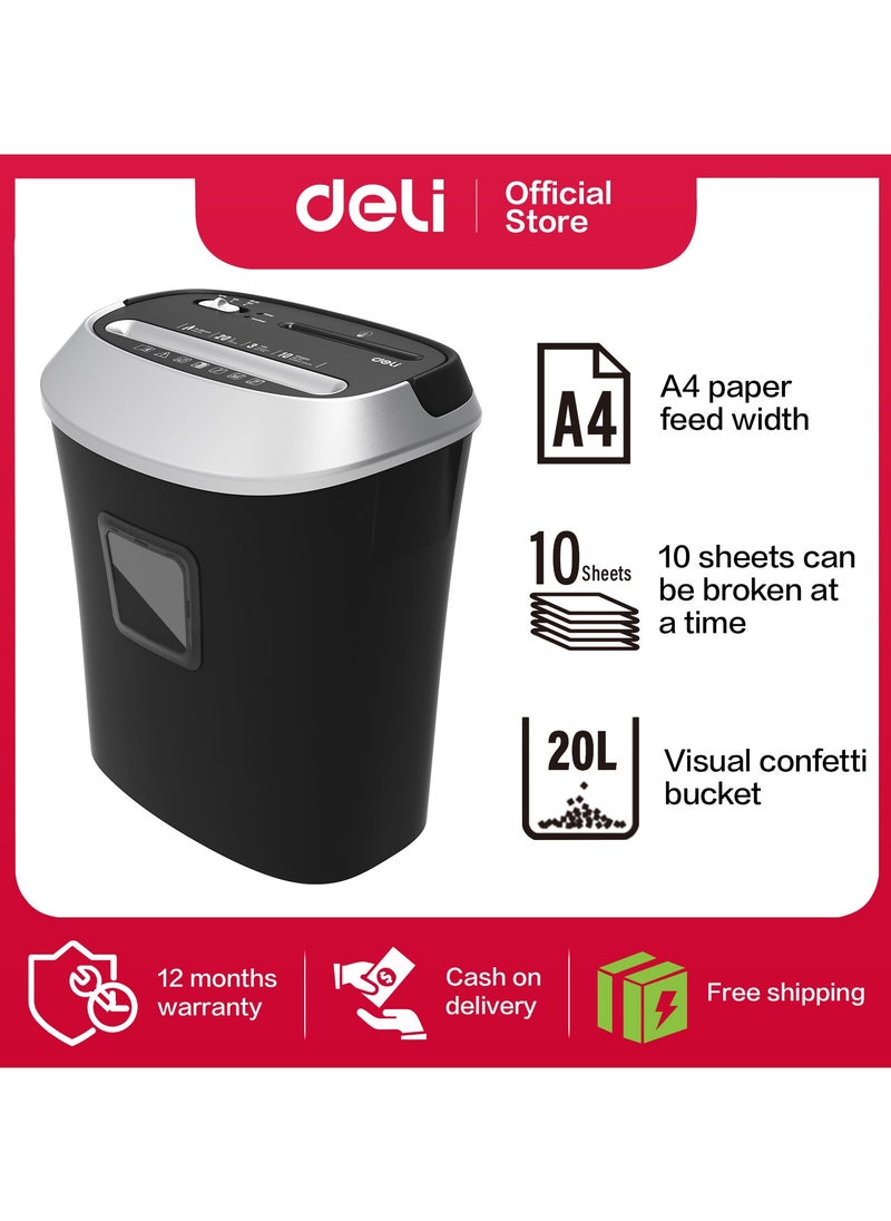 Deli Deli E9948 Paper Shredder, 10-Sheet Capacity, 5-Min Continuous Run Time, 20L Bin, 5×38mm Cross-Cut, Noise ≤80dB, Shreds CDs, Credit Cards, Paper Clips & Staples, Black  - Image 1